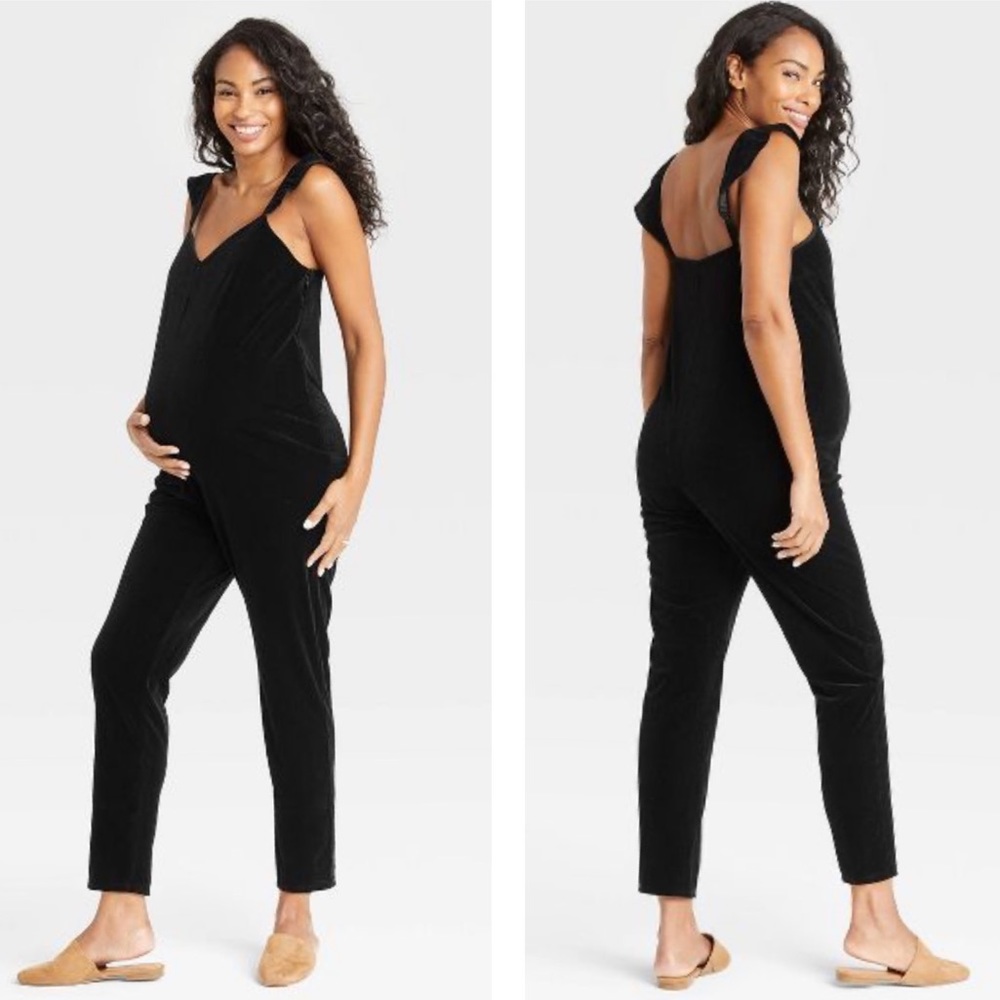The Nines by HATCH Flutter Short Sleeve Maternity Jumpsuit Black Size Small